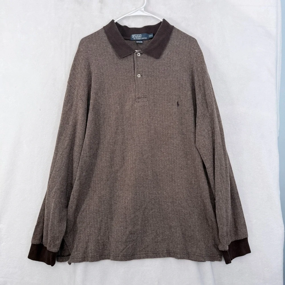 Polo Ralph Lauren Polo Shirt Mens 2XLT Tall Brown Herringbone Pony Pullover